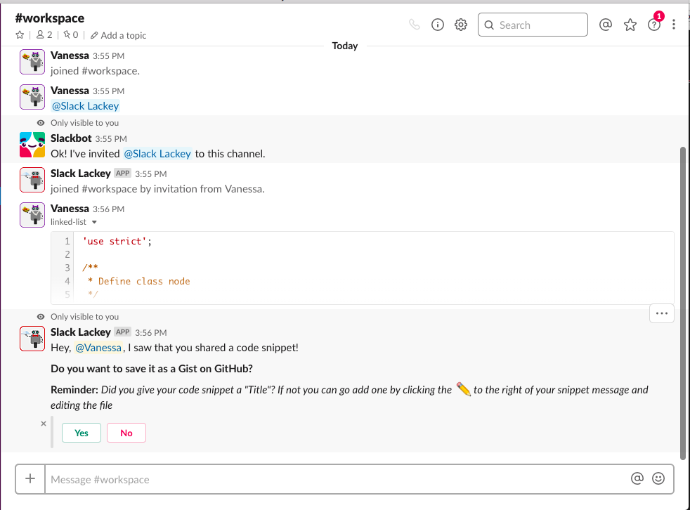 Saving a gist with Slack Lackey in Slack