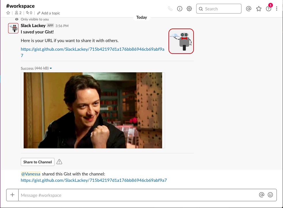 Sharing a gist to the channel with Slack Lackey in Slack
